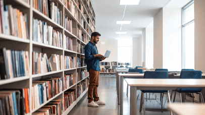 Man in the library browsing on laptop